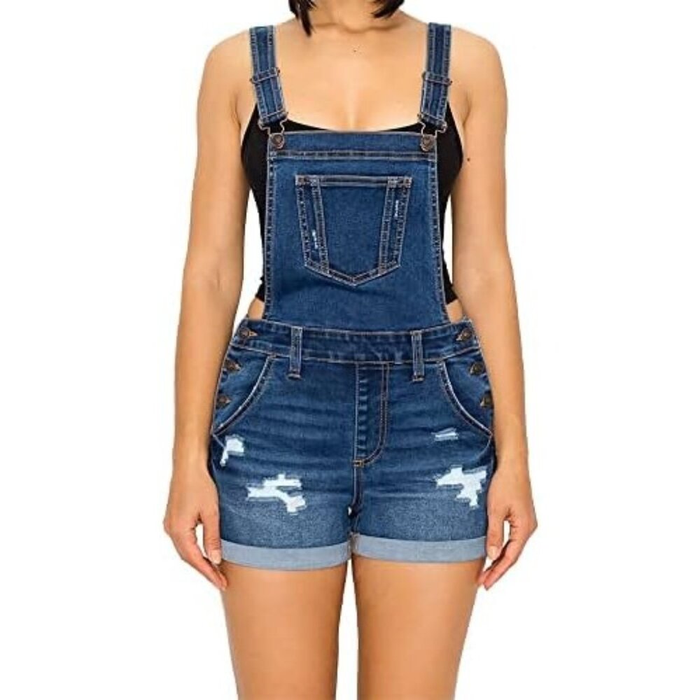 Wax Plus Size 1X Distressed Denim Short Overalls Adjustable Straps